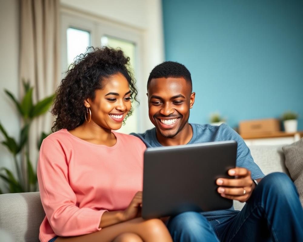 Nigerian couple browsing rental homes on a laptop