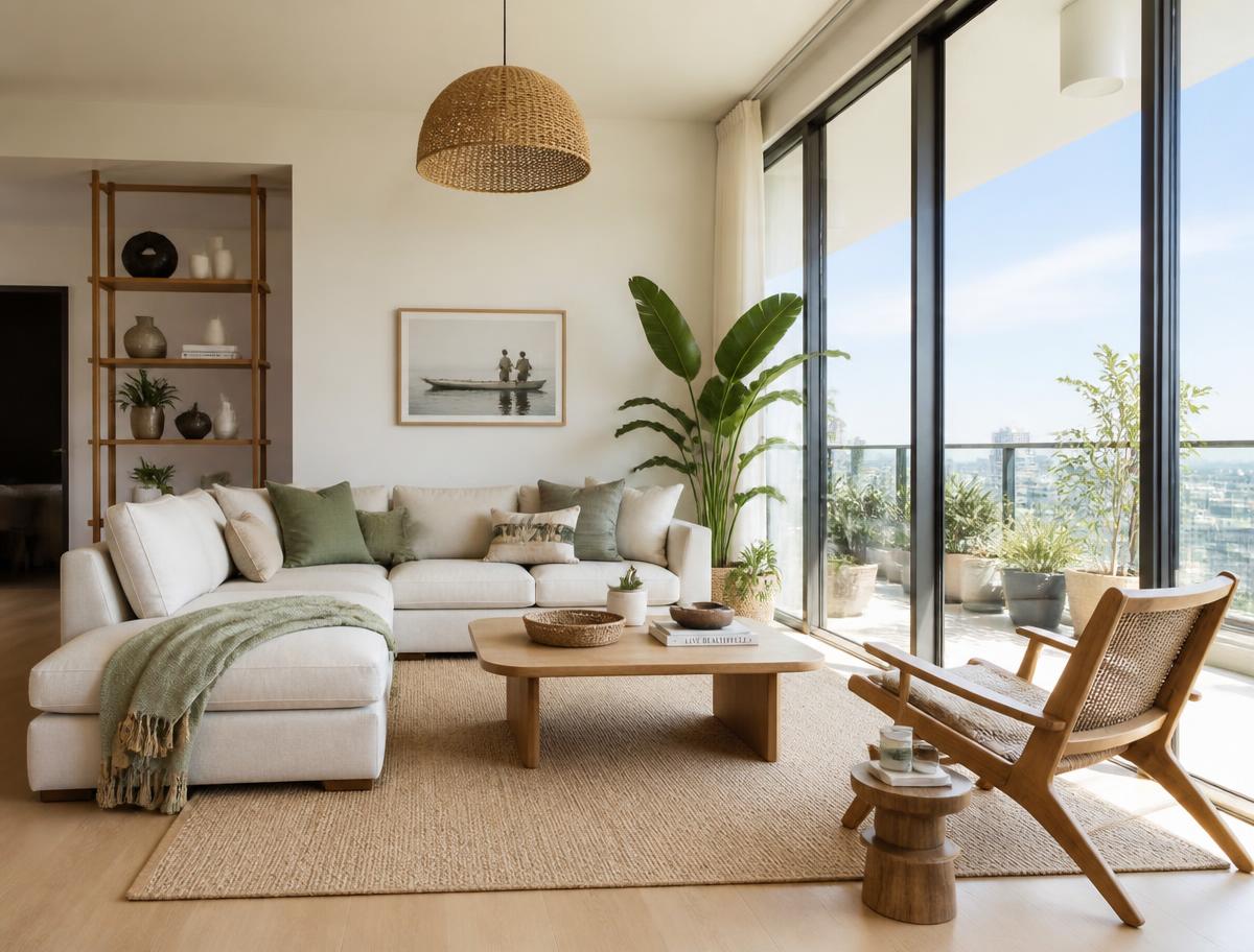 Bright modern living room with a balcony and city view